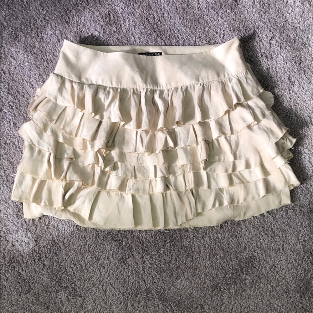 express faux silk distressed tier gold mini skirt